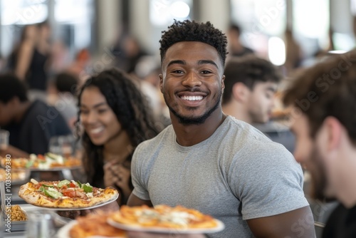 A joyful man in a gray shirt savors pizza in a lively cafeteria filled with people, sharing laughter and conversations in a social and dynamic environment.