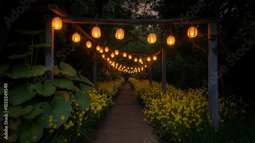 serene path illuminated by glowing lanterns, surrounded by vibrant yellow flowers, creates magical atmosphere. This enchanting scene invites tranquility and wonder