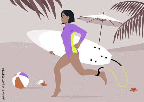 A female surfer, dressed in a colorful hydrocostume, sprints toward the ocean, board in hand, surrounded by a beach ball and the inviting atmosphere of a sunny shoreline
