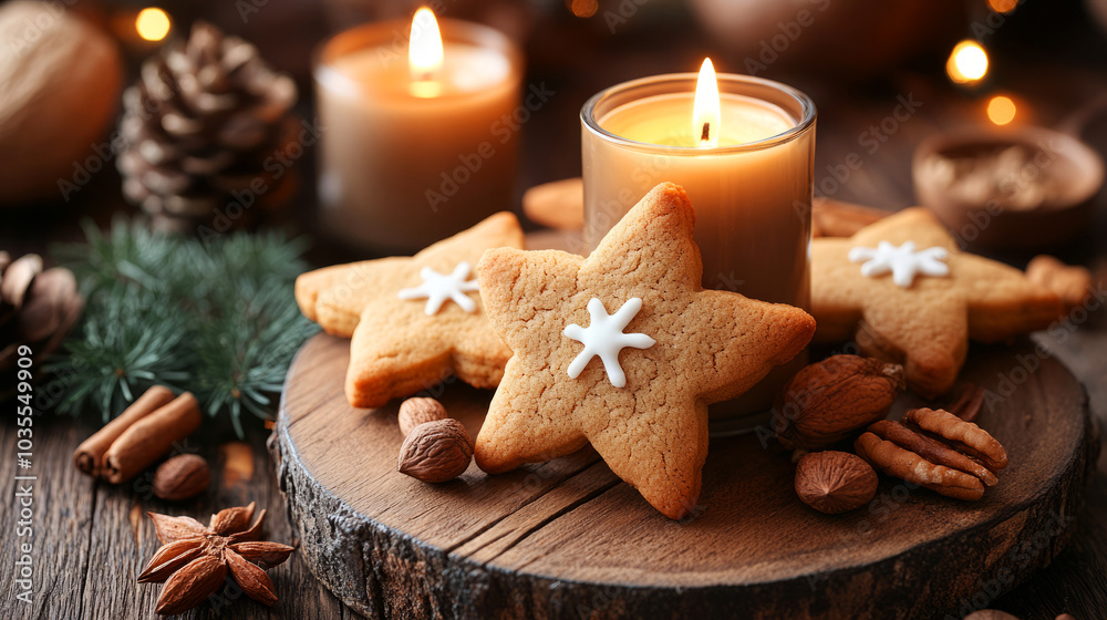 Rustic Wooden Table with Star-Shaped Cookies and Candles Rustic Wooden Table with Star-Shaped Cookies and Candles