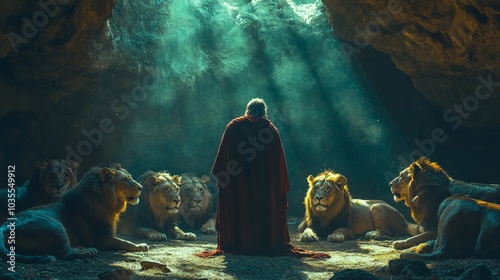 Daniel's Courageous Encounter, a vivid depiction of Daniel's unwavering faith as he stands resilient among lions, showcasing his prayerful strength and divine protection. photo