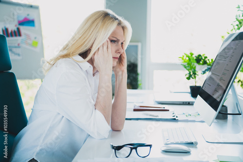 Photo of successful manager business woman blonde hair wearing white shirt tired feeling stressed touch temples at her office job photo