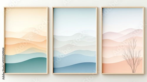 Abstract mountain range in soft pastels art set of three frames: Geometric mountains with pastel shades of blue, lavender, and peach, with layers of mist creating a dreamy, calming landscape,