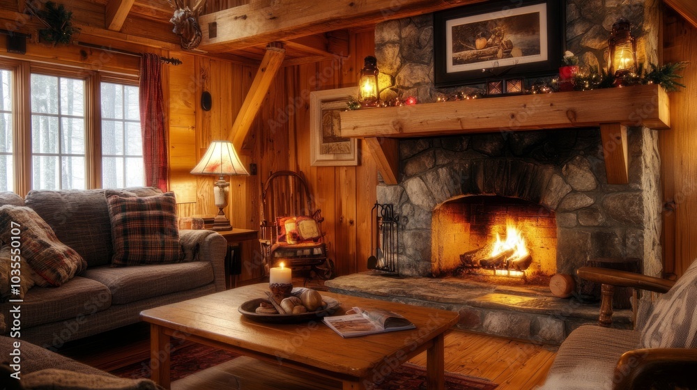 A warm living area with a stone fireplace, simple wooden mantel, and natural wood elements throughout. A warm living area with a stone fireplace, simple wooden mantel, and natural wood elements throughout.