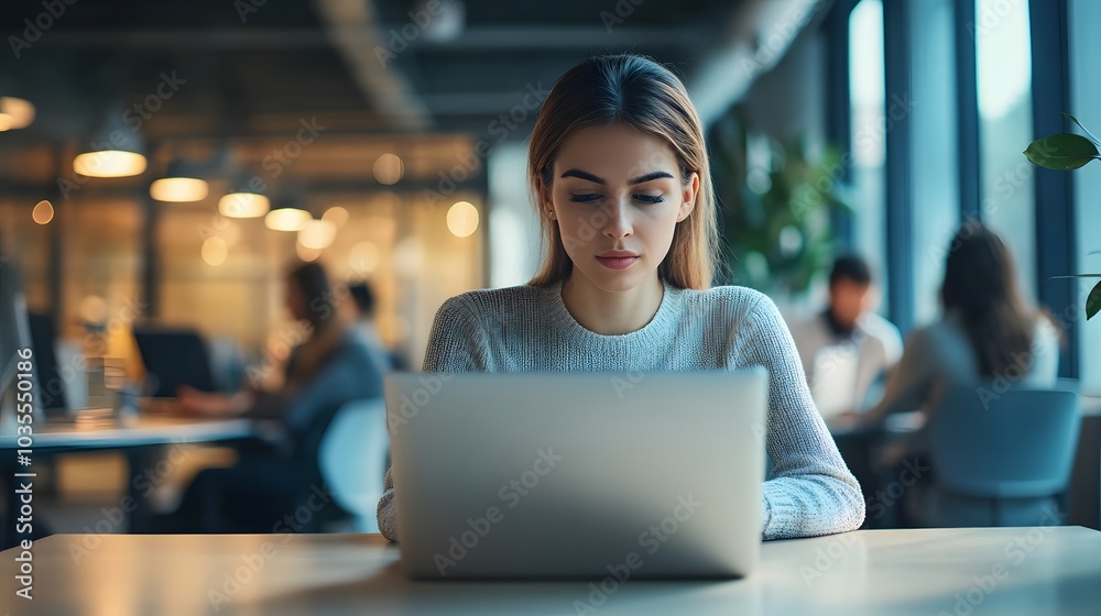 Woman Working on Laptop in Modern Office Setting Woman Working on Laptop in Modern Office Setting