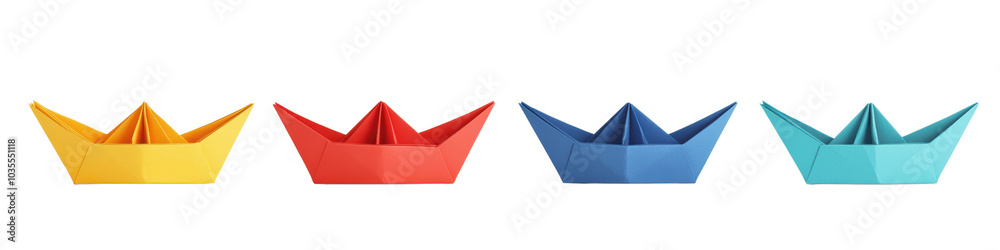 Colorful paper boats in a row, white isolate background transparent background Colorful paper boats in a row, white isolate background transparent background