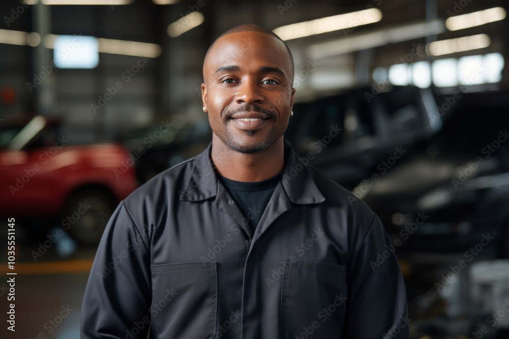 Portrait of a smiling middle aged African American car mechanic