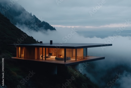 This minimalist glass house is perched on a remote mountain slope, surrounded by misty clouds, offering an unparalleled sense of calm and seclusion in nature's embrace.