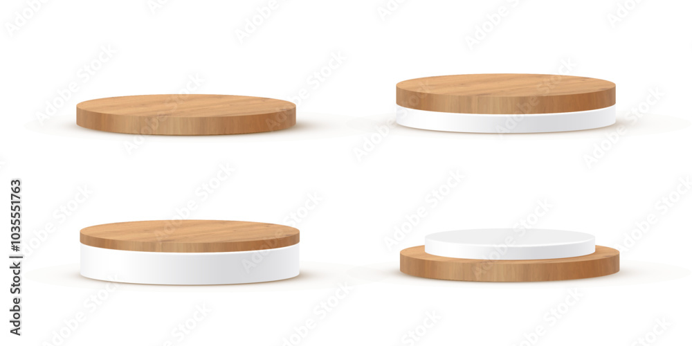 © backup16 - Wooden 3d podiums on white background. Collection of round stages display product. Empty circle stand pedestals of natural wood and for luxury product presentation. Realistic vector illustration set. © backup16 - Wooden 3d podiums on white background. Collection of round stages display product. Empty circle stand pedestals of natural wood and for luxury product presentation. Realistic vector illustration set.