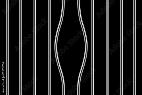 Prison bars vector illustration. 3D realistic broken iron cage with bent sticks to suspects crime escape from police jail, grate with steel curved rod for criminal jailbreak.