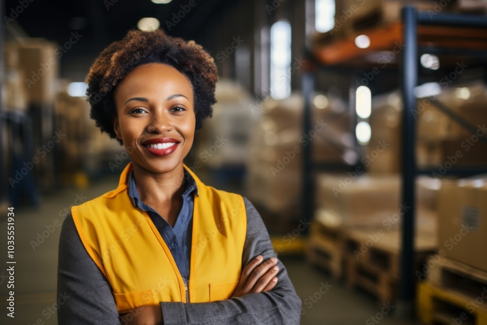 Portrait of a joyful middle aged African American female warehouse worker Portrait of a joyful middle aged African American female warehouse worker