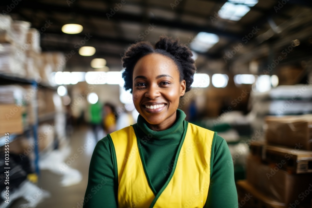Portrait of a joyful middle aged African American female warehouse worker Portrait of a joyful middle aged African American female warehouse worker