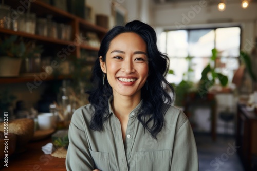 Portrait of a smiling Asian woman owner of second hand shop photo