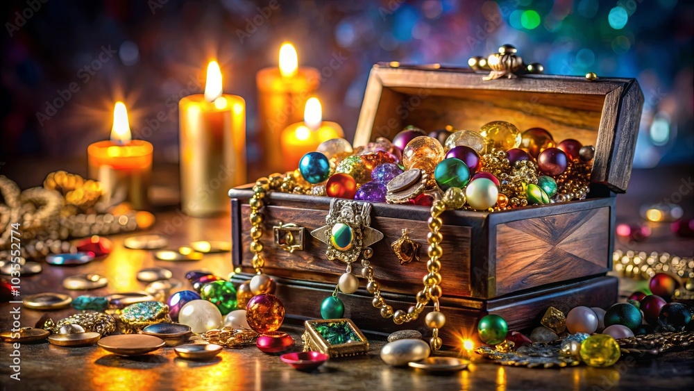 A wooden chest overflowing with colorful beads, shimmering with the warm glow of candlelight, hinting at a trove of hidden treasures. A wooden chest overflowing with colorful beads, shimmering with the warm glow of candlelight, hinting at a trove of hidden treasures.