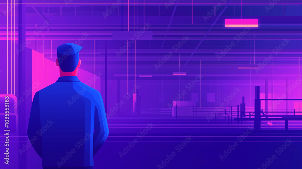 Man Standing in a Purple and Blue Industrial Warehouse Man Standing in a Purple and Blue Industrial Warehouse