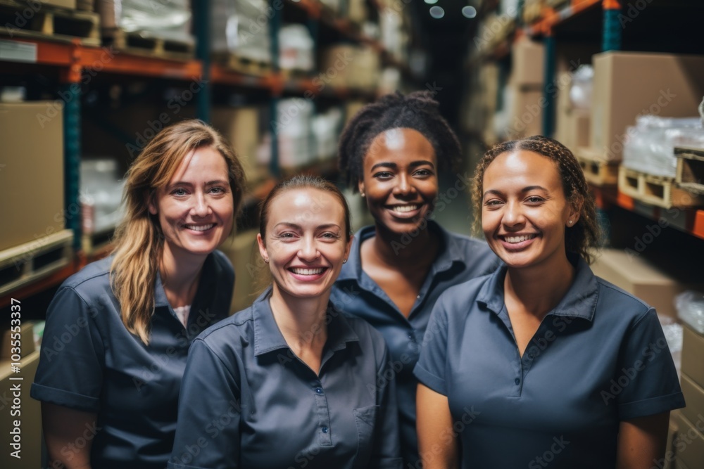Smiling portrait of a diverse group of female warehouse workers Smiling portrait of a diverse group of female warehouse workers