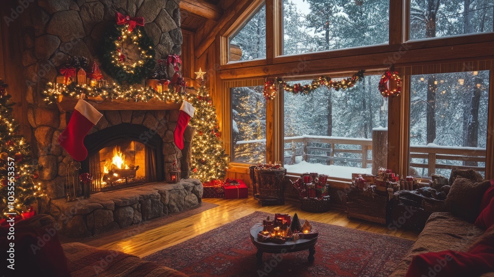 Christmas cabin featuring a cozy fireplace, twinkling holiday decor, and snow outside the windows. Christmas cabin featuring a cozy fireplace, twinkling holiday decor, and snow outside the windows.