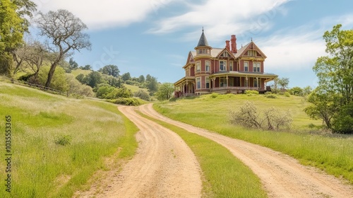 Scenic Dirt Road Ascending to Majestic Victorian Mansion, Lush Greenery Flanking Pathway, Elegant Architecture Surrounded by Nature, Inviting Journey to Historic Home