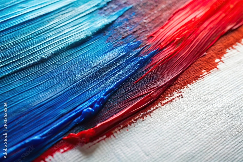 Fototapeta premium Abstract background with blue and red paint strokes on white canvas with depth of field