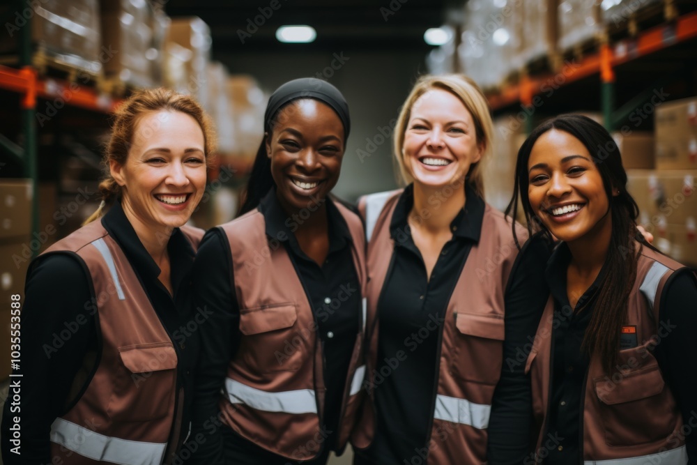 Smiling portrait of a diverse group of female warehouse workers