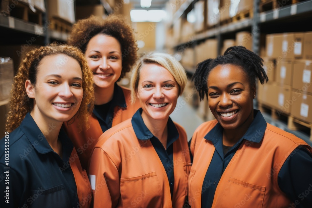 Smiling portrait of a diverse group of female warehouse workers Smiling portrait of a diverse group of female warehouse workers