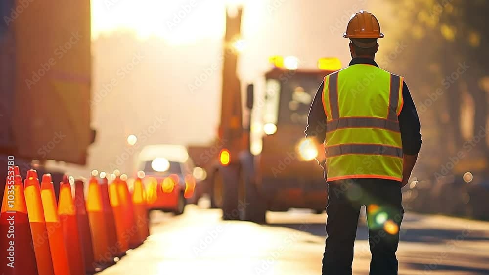 Road construction worker managing traffic at work zone during sunrise ...