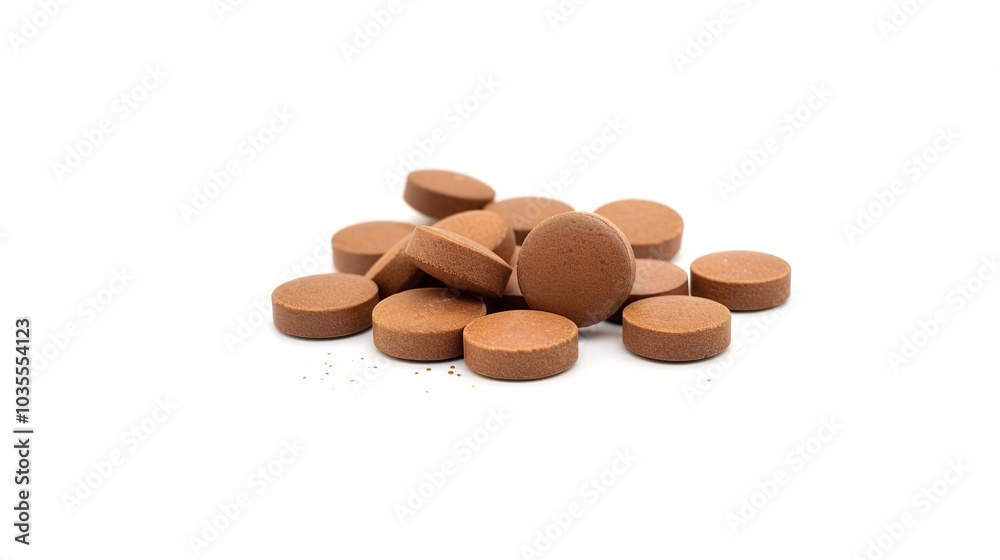 Brown herbal pill tablet on white background - a natural remedy in a simple yet striking presentation Brown herbal pill tablet on white background - a natural remedy in a simple yet striking presentation