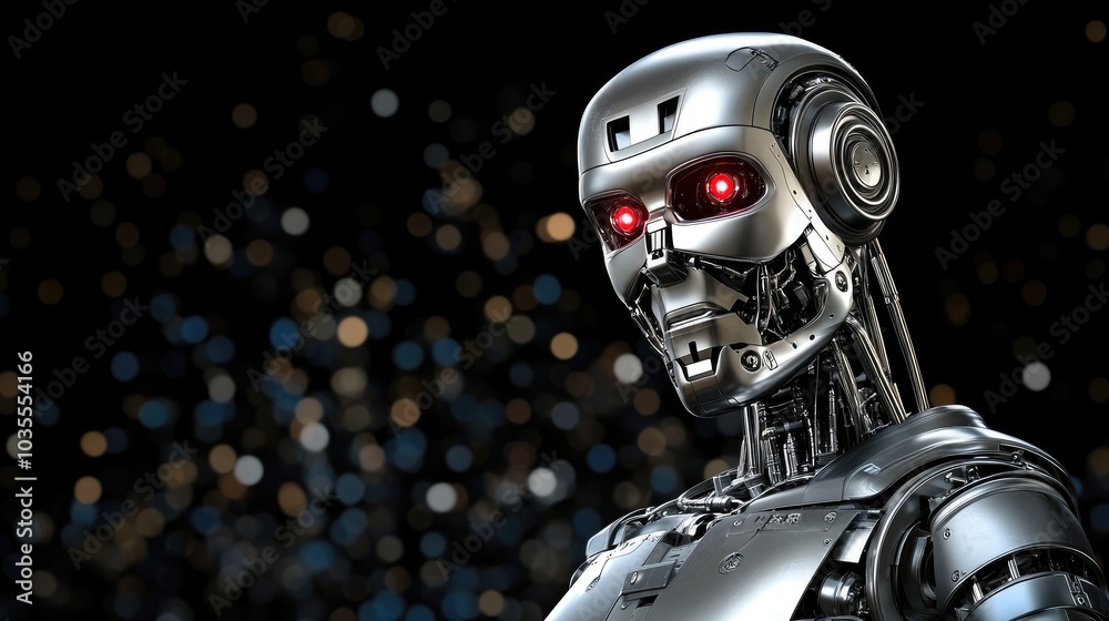 A robotic soldier stands confidently, gun in hand, showcasing its advanced cyberpunk design with red-lit features against a grey background A robotic soldier stands confidently, gun in hand, showcasing its advanced cyberpunk design with red-lit features against a grey background
