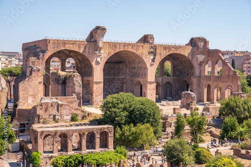 Photography Looking down from  the Domus Tiberiana on the Palatine Hill towards the TBasilica of Maxentius in the Roman Forums