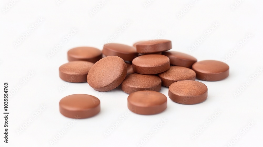 Brown herbal pill tablet on white background - a natural remedy in a simple yet striking presentation Brown herbal pill tablet on white background - a natural remedy in a simple yet striking presentation
