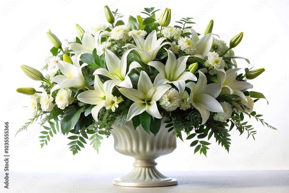 A stunning display of white lilies and eucalyptus arranged in a elegant pedestal base, refined, white lilies