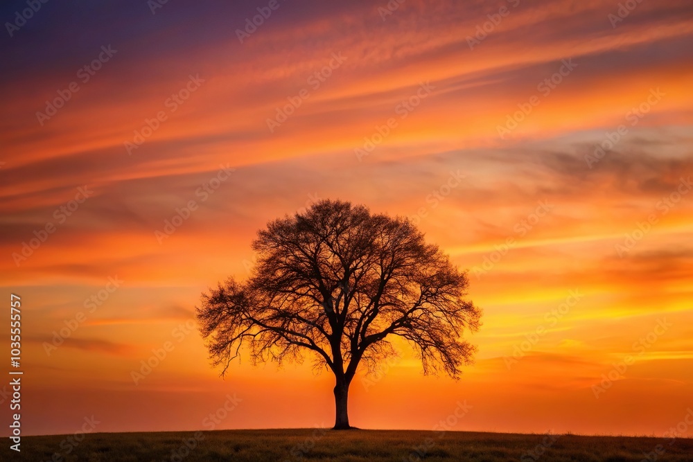 A solitary tree stands in the fading light of dusk, its silhouette against a vibrant orange sky, peaceful landscape, nature scene A solitary tree stands in the fading light of dusk, its silhouette against a vibrant orange sky, peaceful landscape, nature scene
