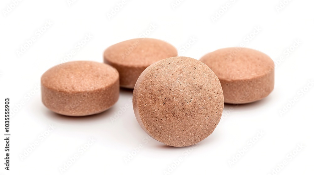 Brown herbal pill tablet on white background - a natural remedy in a simple yet striking presentation Brown herbal pill tablet on white background - a natural remedy in a simple yet striking presentation