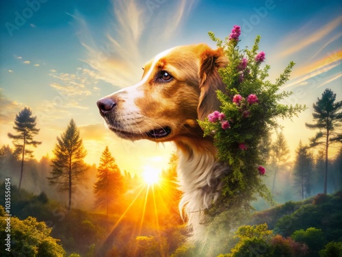 Stunning Double Exposure of a Beautiful Dog Profile with Nature Elements for Pet Lovers photo