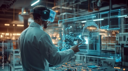 Engineer examining an electronic circuit board with a construction worker observing, highlighting collaboration in technology and construction environments.