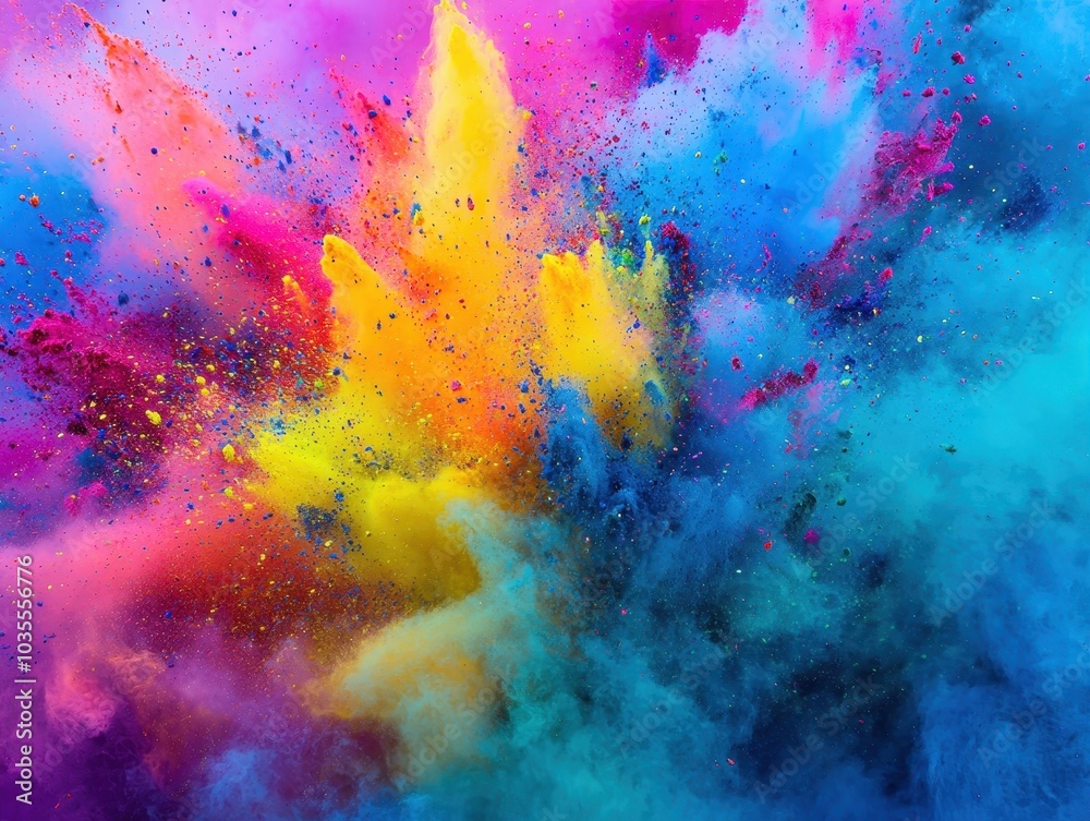 Vibrant explosion of colorful powders creating a mesmerizing abstract pattern with shades of pink, blue, yellow, and orange blending beautifully. Vibrant explosion of colorful powders creating a mesmerizing abstract pattern with shades of pink, blue, yellow, and orange blending beautifully.