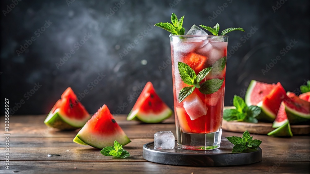 A refreshing summer cocktail with watermelon and mint leaves in a tall glass filled with ice, glassware, summer drinks, thirst quencher A refreshing summer cocktail with watermelon and mint leaves in a tall glass filled with ice, glassware, summer drinks, thirst quencher