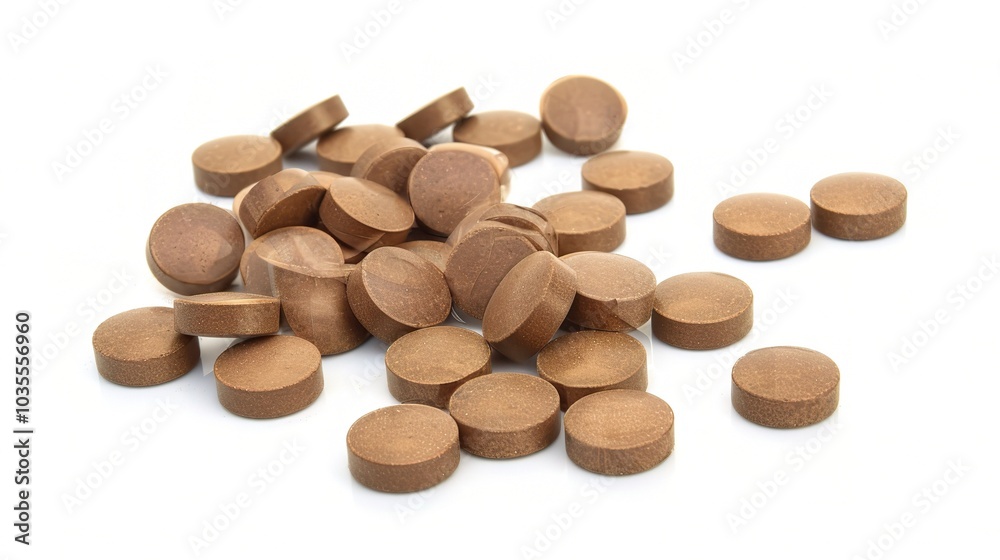 Brown herbal pill tablet on white background - a natural remedy in a simple yet striking presentation Brown herbal pill tablet on white background - a natural remedy in a simple yet striking presentation