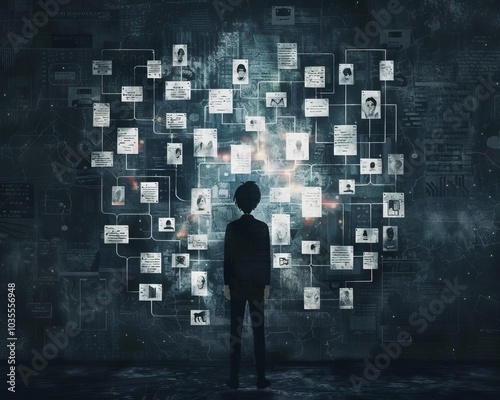 Silhouette of a person facing a digital network of interconnected profile pictures and data, symbolizing modern communication and technology.