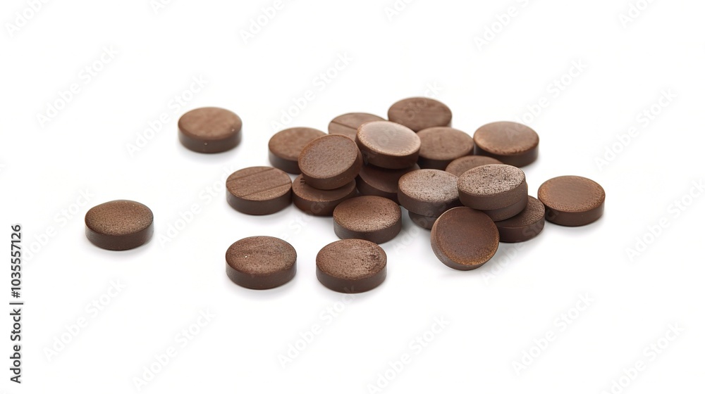 Brown herbal pill tablet on white background - a natural remedy in a simple yet striking presentation Brown herbal pill tablet on white background - a natural remedy in a simple yet striking presentation