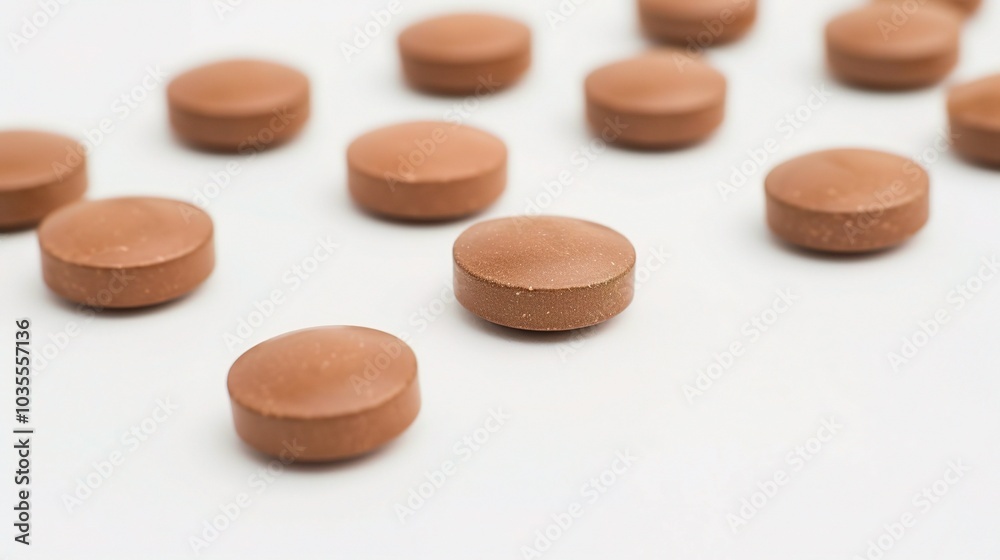 Brown herbal pill tablet on white background - a natural remedy in a simple yet striking presentation Brown herbal pill tablet on white background - a natural remedy in a simple yet striking presentation