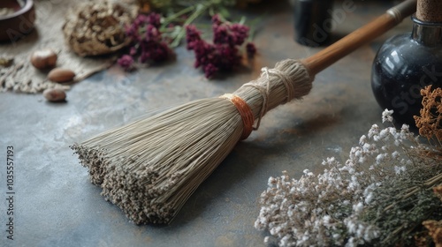 witch broom, brush against minimalistic background photo