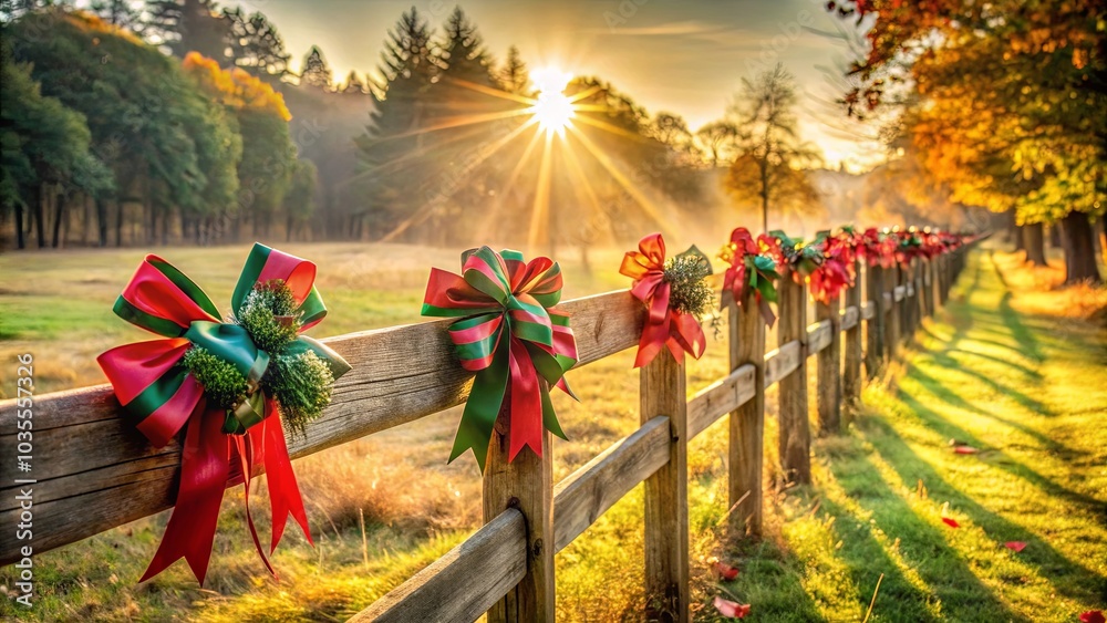 Fototapeta premium A Festive Wooden Fence Adorned with Red and Green Bows, Bathed in the Golden Light of a Sun-Kissed Autumn Morning