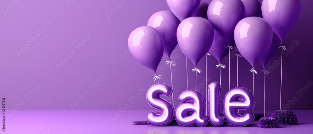 Obraz premium Purple sale banner. Inscription with Sale, balloons, decorations on purple. Template for seasonal sales, promotions, offers ads. Copy space. Generative ai 