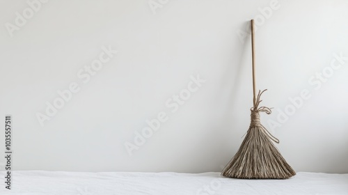 witch broom, brush against minimalistic background photo