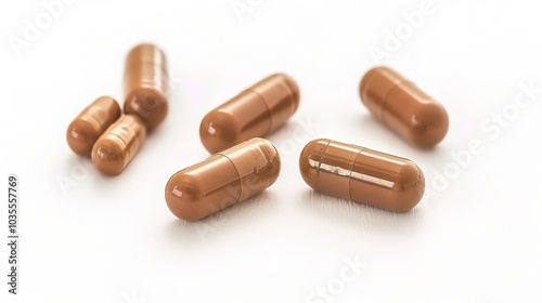 Brown herbal pill tablet on white background - a natural remedy in a simple yet striking presentation