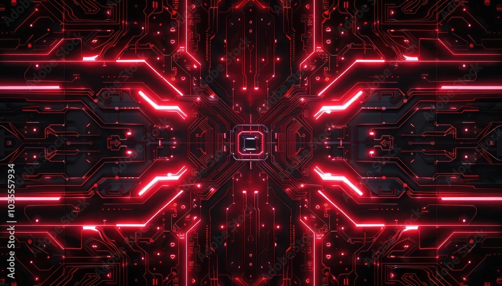 Obraz premium Red Glowing Circuit Board with Central Processor