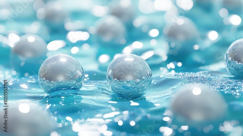 Wallpaper Mural Shiny silver spheres resting on a calm turquoise water surface create a tranquil aesthetic for a professional design background banner. Torontodigital.ca