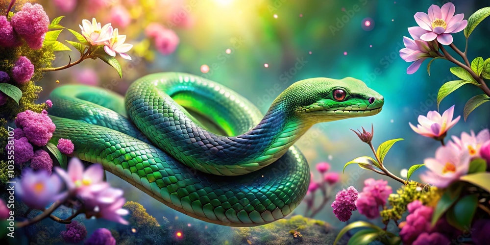 A Vibrant Green Snake Curled Amidst Delicate Pink Blooms, bathed in warm sunlight, its scales shimmering with iridescent hues A Vibrant Green Snake Curled Amidst Delicate Pink Blooms, bathed in warm sunlight, its scales shimmering with iridescent hues