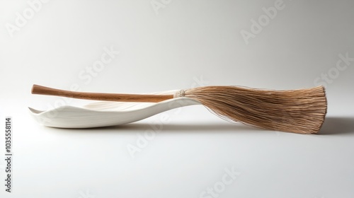 witch broom, brush against minimalistic background photo